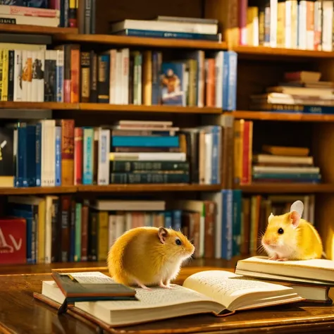 Golden hamster hiding among books。