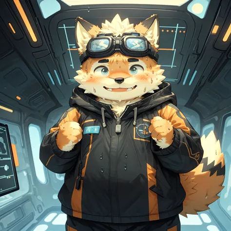 New Jersey 5 Furry，fox，（Solitary），child，Beautifully，Chubby，Orange plush fur，Cute face，Black eyebrows，Black parka, Blue goggles, (goggles on forehead),（ Fluffy fur, Fluffy), (High-tech spacecraft), （swagger), （Standing）(sweat:1.2), masterpiece,best quality,...