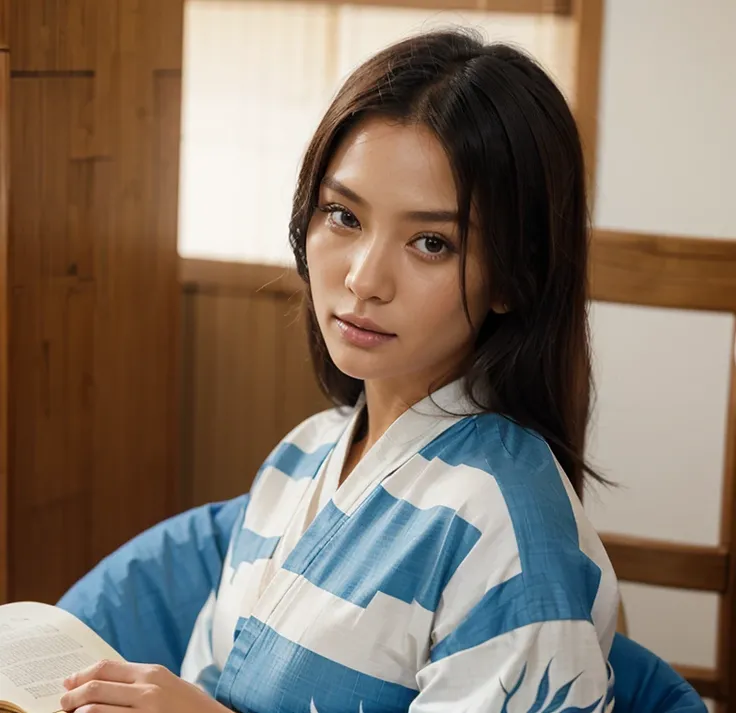 Female supermodel. Blue Haori, White Kimono. Bamboo. Study room. Close-up.