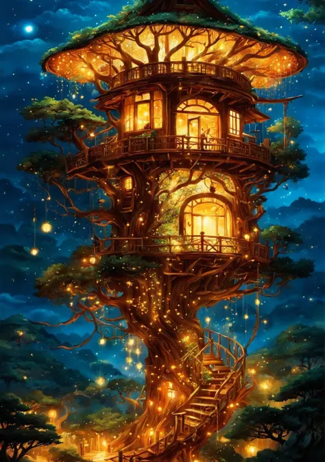 a strange and ecstatic treehouse filled with light and modeled on the tree, como se fizesse parte dela. cores vibrantes, detalhe...