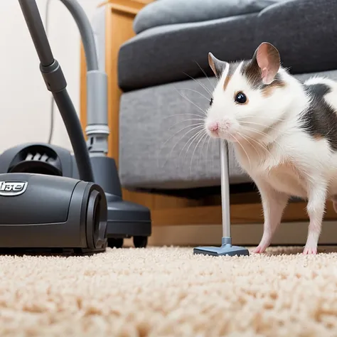 Dwarf Campbell Hamster cleaning next to a vacuum cleaner