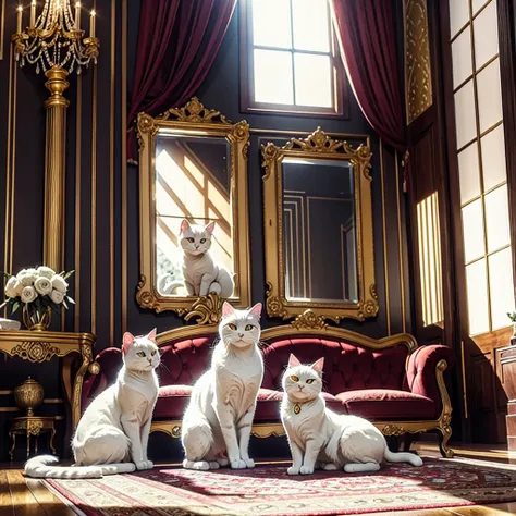 In the cozy dim light of a room bathed in the golden light of twilight, a white cat moves with the feline grace of a ghost. Their fur, soft as fresh snow, sparkles like diamonds in the dying rays of the sun. The feline, absolute master of its domain, strol...