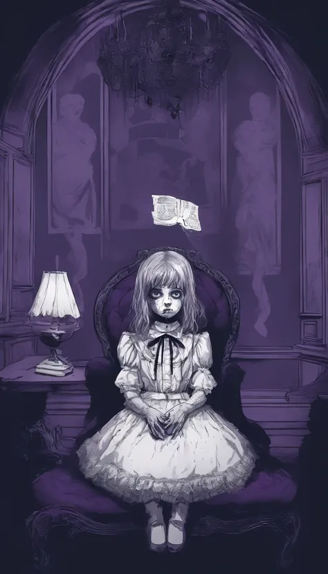 A sad adolescent girl with a lolita outfit, on her knees, holding a teddybear, in the middle of a dark purple room, shadow monsters around her, shadow hands, trauma