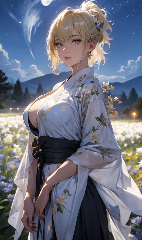 masterpiece, high quality, 4K, Beautiful design, silhouette，Blonde Mohawk，， 非常に詳細な夜のStarry Sky,Flower Field， wonderful, Finer details,  Very knowledgeable woman, Highly detailed solo, 1 female,Beautiful Eyes，tears，Big Breasts，White kimono，Night view，Starry...