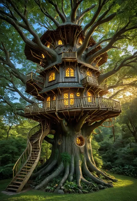 a strange and enchanting treehouse filled with light and modeled on the tree, como se fizesse parte dela. Cores vibrantes, detalhes perfeitos e realistas.
