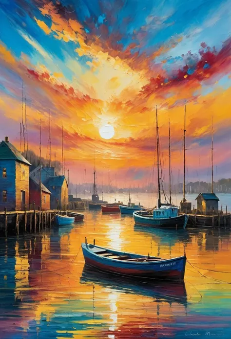 claude monet style, by claude monet and william turner, a colorful sunrise over quiet fishing harbour, golden hour, impressionis...