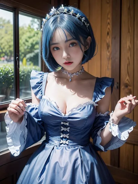 Very detailed、high resolution、8K、 Girl、16 years old、one person、Maid、Blue Hair、Short Bob、Cleavage、ReZER　Rem、hair ornaments、Neckline、ribbon、choker