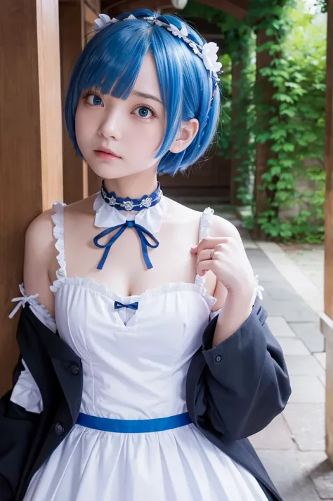 Very detailed、high resolution、8K、 Girl、16 years old、round face、one person、Maid、Blue Hair、Short Bob、Cleavage、mini skirt、Re：ZERO　Rem、hair ornaments、Neckline、ribbon、choker