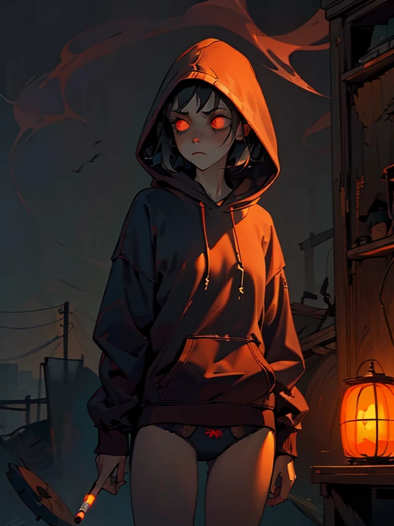 horror elements, girl smoking a cigarette, hoodie, panties (best quality, highres), dark atmosphere, eerie lighting, mysterious shadows, atmospheric fog, abandoned setting, intense emotions, disturbing details, haunting expression