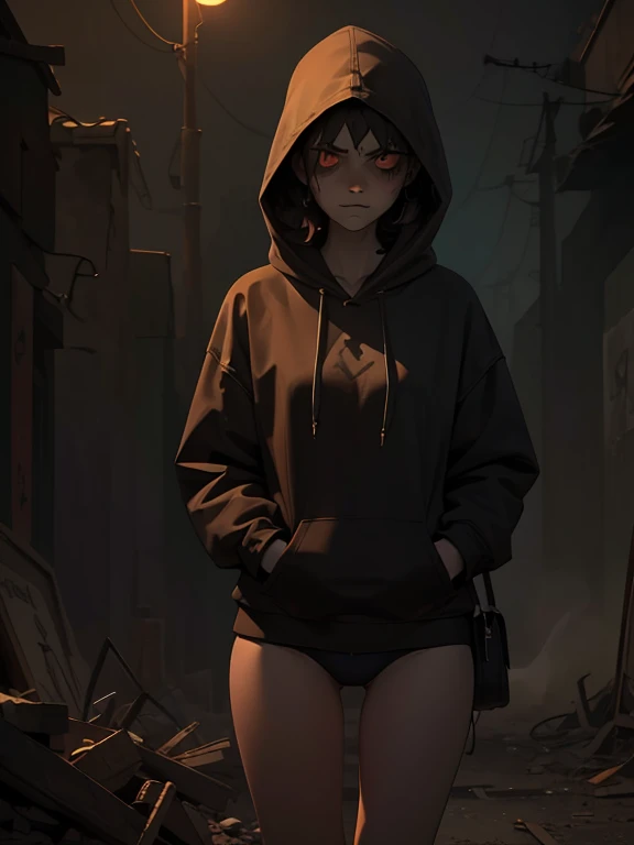 horror elements, girl smoking a cigarette, hoodie, panties (best quality, highres), dark atmosphere, eerie lighting, mysterious shadows, atmospheric fog, abandoned setting, intense emotions, disturbing details, haunting expression