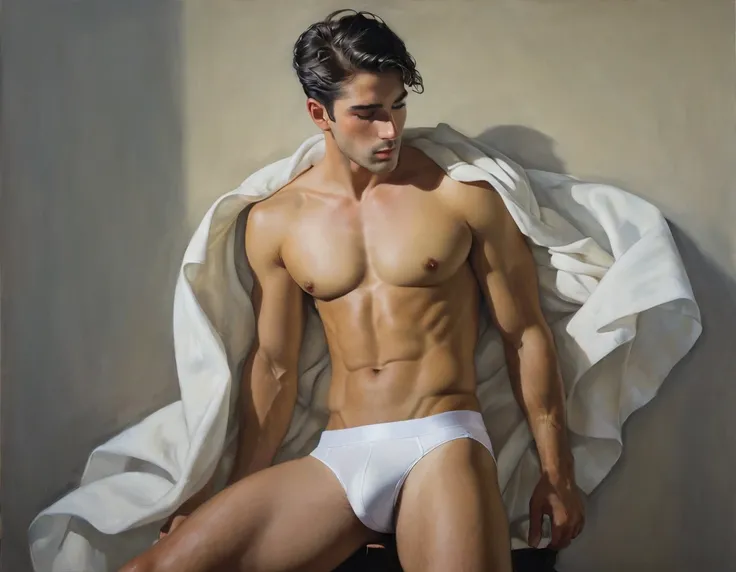 chiaroscuro technique on sensual illustration of an arafed man in white underwear, sexy masculine, diego fazio, male model, by Ludovit Fulla, model with attractive body, inspired by Ludovit Fulla, mid-shot of a hunky, the model draped in flowing, thick oil...