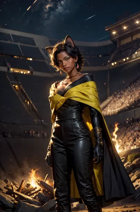 highres, masterpiece,best quality,original,extremely detailed CG,extremely detailed wallpaper,perfect lighting,looking at viewer,bare hands,1girl, SiennaKhan,short hair,black hair,animal ears,yellow eyes,cat ears,dark skin,dark-skinned female,gloves,jewelr...