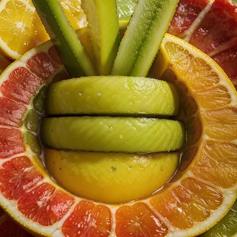 Advertising for Green and Yellow Lemon Cut into Slices, salpicado de chamoy color rojo y naranja,(publicidad, realistas) (sin personas)