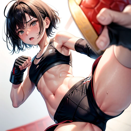 Drenched in sweat. Im competing in a mixed martial arts ring. Struggling. In big trouble. Cornered. She is being attacked a lot by her opponent. She is a cute Japanese high school girl with short-cut black hair. Out of breath, sports bra, high-leg shorts, ...