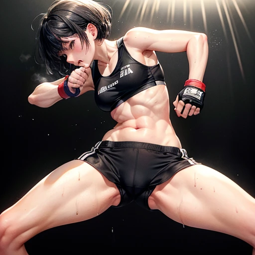 Drenched in sweat. Im competing in a mixed martial arts ring. Struggling. In big trouble. Cornered. She is being attacked a lot by her opponent. She is a cute Japanese high school girl with short-cut black hair. Out of breath, sports bra, high-leg shorts, ...