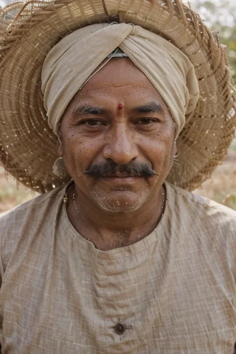 50 year old indian farmer portrait image, face up to chest, weathered face with deep wrinkles, traditional turban and mustache, vivid and detailed expression, sunlit field with crops behind, golden hour lighting, capturing resilience and pride, Photography...