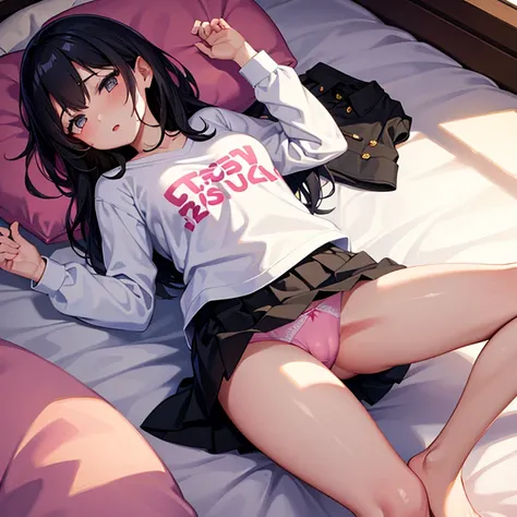 One black haired gyaru on a bed wearing a shirt and only wearing panties