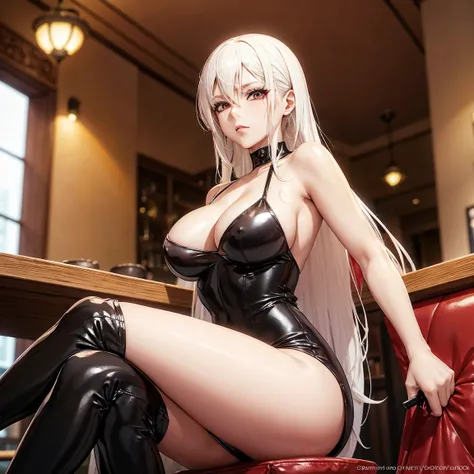 anime style mujer adult hair long white and eyes color red, wearing a low-cut black dress de latex sitting on a chair in a restaurant