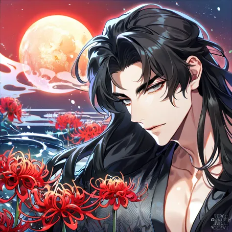 (absurdres, highres, ultra detailed, HDR) master piece, best quality, perfect face, delicated features, Yoo Joonghyuk with long hair, black hair, expressive gray eyes, Omniscient readers viewpoint, solo, sexy man, handsome, toned chest, black kimono with a...