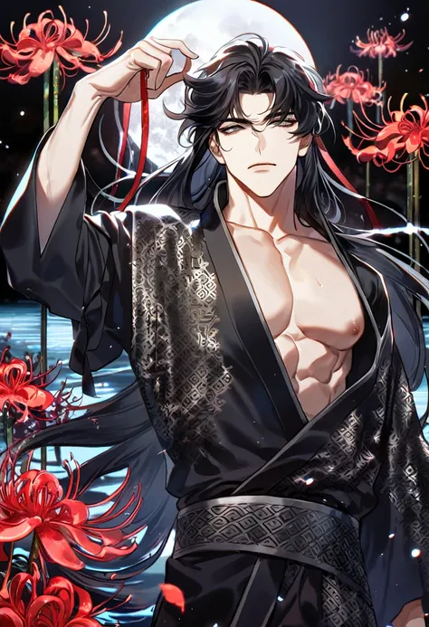 (absurdres, highres, ultra detailed, HDR) master piece, best quality, perfect face, delicated features, Yoo Joonghyuk with long hair, black hair, expressive gray eyes, Omniscient readers viewpoint, solo, sexy man, handsome, toned chest, black kimono with a...