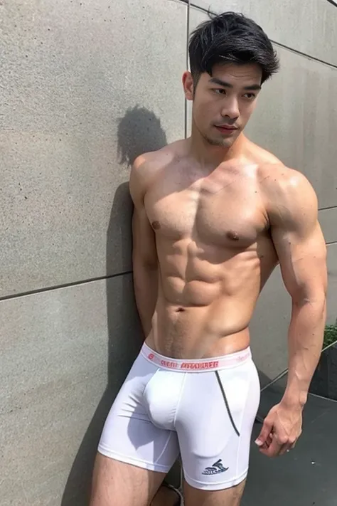 Asian guy, muscular, white brief with huge bulge, a little bit a beard face, not a boy, short hair, handsome man, full body shot, sweaty body, sexy hunk, sweaty brief with huge bulge, masculine guy, short brief with huge bulge