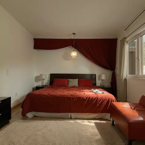 Image of a large room, que tenga una tele sobre una mesa, que este cerca de una ventana, una cama arriba de una alfombra, un escritorio  cerca de la cama, plus a lamp near a red sofa and a clock on the wall, junto a la pared.