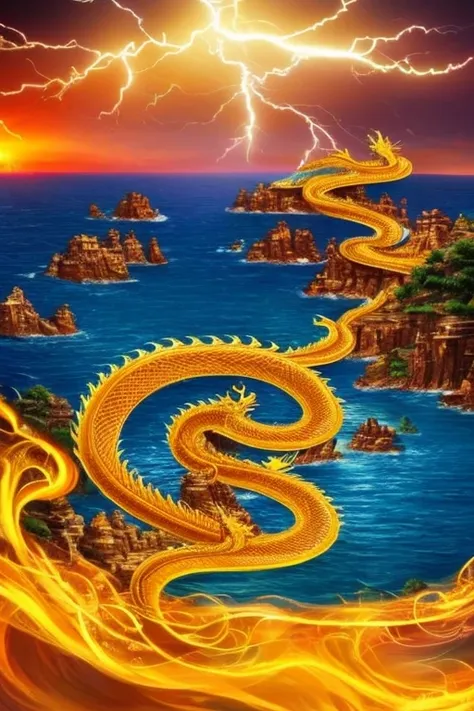 So sublime and divine々A beautiful golden dragon coiled up in the center of the screen, glaring at the camera.。The surrounding area is a canyon where no one can get close, and lightning is flashing in the background.、The sun is shining brightly。The dragon i...