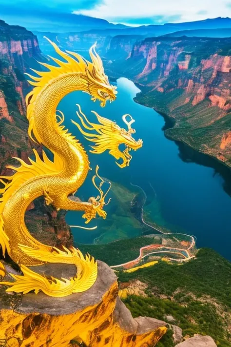 So sublime and divine々A beautiful golden dragon coiled up in the center of the screen, glaring at the camera.。The surrounding area is a canyon where no one can get close, and lightning is flashing in the background.、The sun is shining brightly。The dragon i...