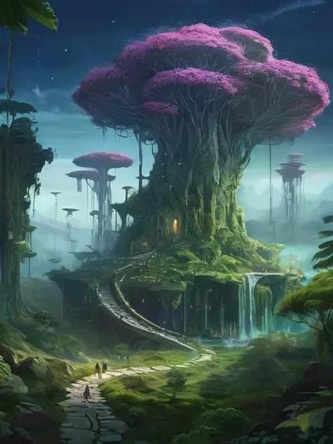 arte conceptual,(obra maestra:0.3) alto detallado,Bright natural lighting,oscuridad,alto contraste,a tropical forest on an alien planet,dos grandes lunas en el cielo,Ruins of ancient civilization,vidente (mythical alien not in terrestrial plantations Neon ...