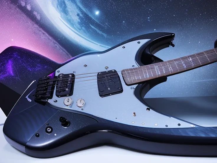 A modern, futuristic Stratocaster electric guitar with angular, aerodynamic lines, fully visible. The body has a metallic gradient finish from electric blue to deep black. The pickguard features a carbon fiber abstract design. The maple neck has an ebony f...