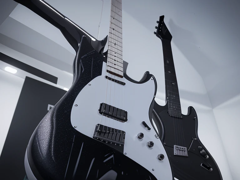 A modern, futuristic Stratocaster electric guitar with angular, aerodynamic lines, fully visible. The body has a metallic gradient finish. The pickguard features a carbon fiber abstract design. The maple neck has an ebony fretboard with LED-lit geometric i...