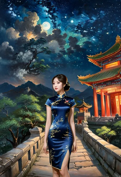 by Claude Monet, 1girl, tight qipao, chinese temple background, night sky, dark glow, (masterpiece, best quality, Professional, perfect composition, very aesthetic, absurdres, ultra-detailed, intricate details:1.3)