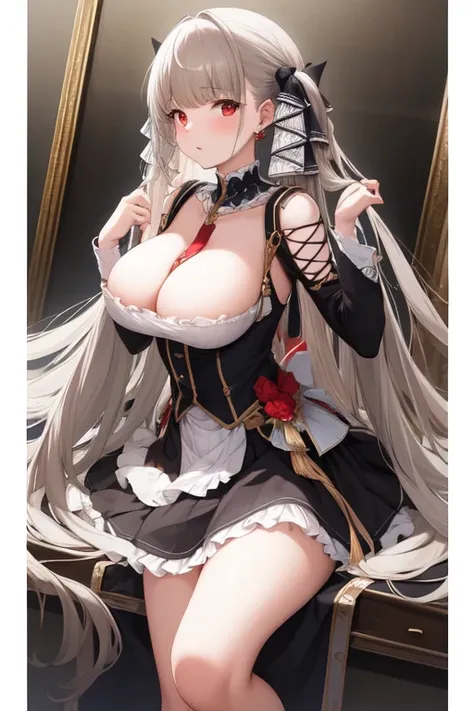 (masterpiece, Best quality1.2),illustration,8K,HD,1 Girl,Solitary,hands up,(portrait:1.2),long_hair,Large target_breast,Red_Eye,Very_long_hair,Bangs,Double tail,Ribbon,grey_hair,cleveage,hair_Ribbon,Two-color_Ribbon,between_breast,Black_skirt,skirt,Ruffles...