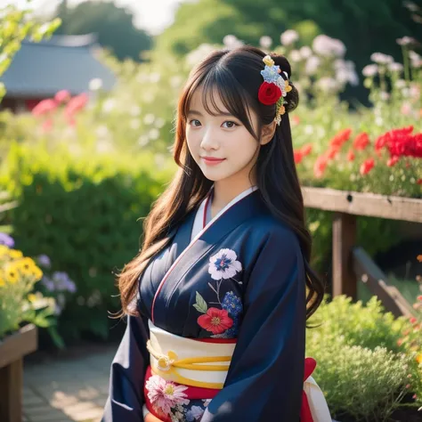 1 girl,His long hair flowed up., The sun shines brightly.,  Supports large, bare breasts, flower garden, Red, black, dark blue, traditional kimono,, Masterpiece, best quality, Highly detailed 16k,  Take photos with a high quality camera 45,000,000 pixels