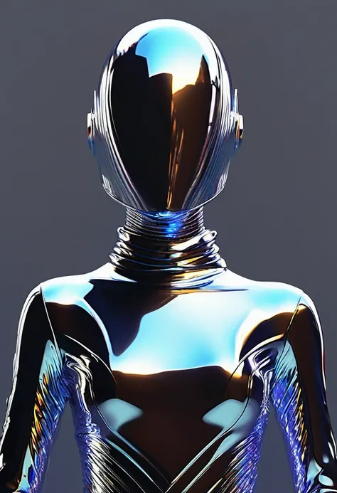 futuristic, innovative, Chrome jumpsuites with tenue color reflections, hairdreess ,minimal,.sleek, breathtaking silver surfer model, portrait wirh no face, spectacular, some.led lights back surrealism, art, (concept art illustration) . modern, minimalist,...