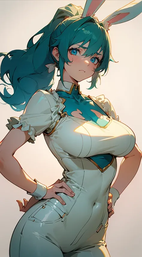 Beautiful woman , curly hair , teal hair , hair in a ponytail , blue eyes , pale skin , ((white bunny ears:1.2)), large breast, age 33, 

Standing with hands on hips , angry expression, dynamic shot , scene from an anime , Seinen anime . 

Wearing wearing ...