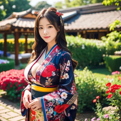 1 girl,beautiful posture, His long hair flowed up., The sun shines brightly.,  Supports sexy big breasts, flower garden, Red, black, dark blue, traditional kimono,, Masterpiece, best quality, Highly detailed 16k,  Take photos with a high quality camera 45,...