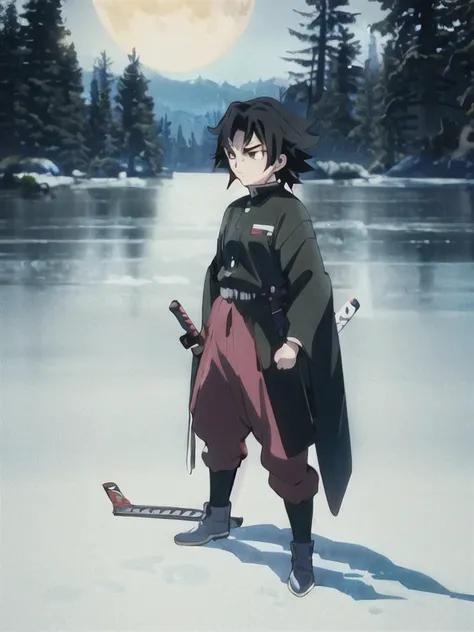 tomioka giyuu, katana stance, in midle of a frozen lake, detailed face, serious, air flow, scenery, forest in far distance, full body, full moon, male focus, absolutely calm