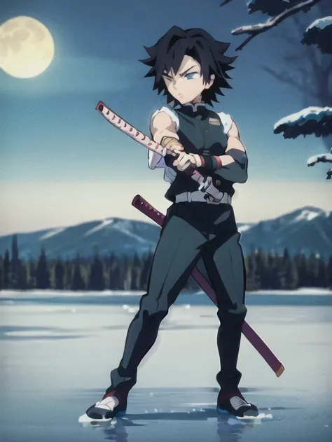 tomioka giyuu, katana stance, in midle of a frozen lake, detailed face, serious, air flow, scenery, forest in far distance, full body, full moon, male focus, absolutely calm