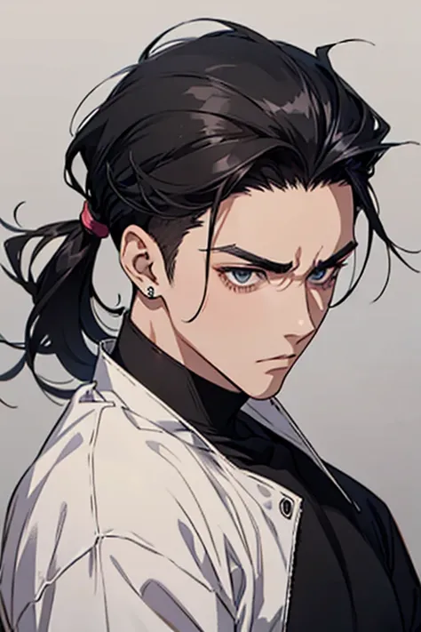 anime man gradient young black hair with low ponytail on shaved sides turns hair to the left side in the middle serious face with black earrings sweatshirt