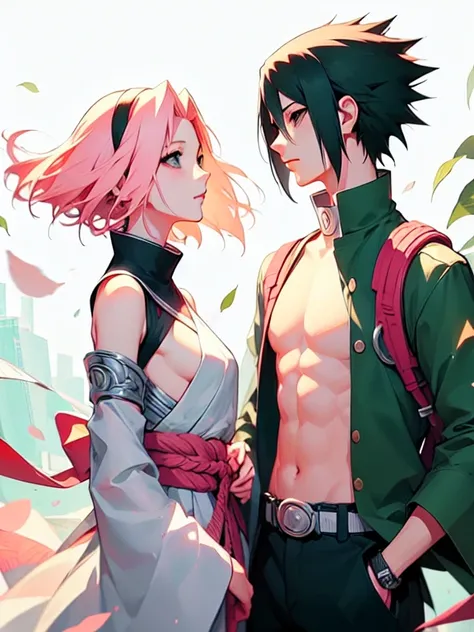 Sasusaku. Sasuke Uchiha, um homem pelado alto com cabelo preto, naked with hands on penis. Sakura, uma mulher pelada magra corpo perfeito, com cabelo rosa, is naked behind Sasuke. melhor qualidade, adorable, ultra-detalhado, illustration, complex, detalhad...