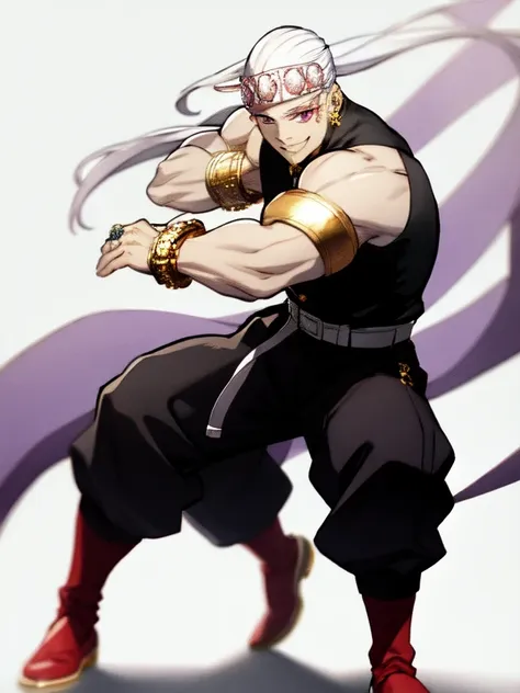 white hair, black tank top, very muscular, very strong, light purple eyes, ponytail, diamond accessories on head, golden earring...