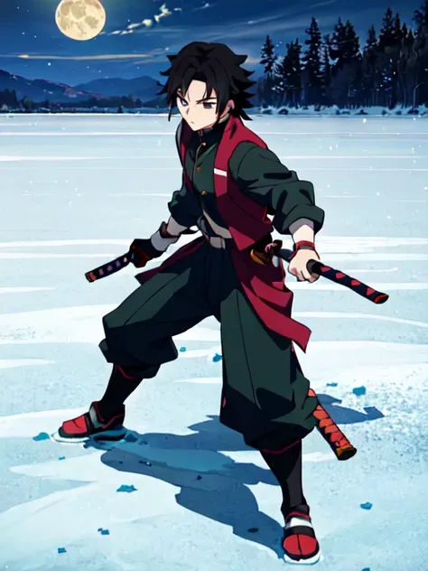 tomioka giyuu, katana stance, in midle of a frozen lake, detailed face, serious, air flow, scenery, forest in far distance, full body, full moon, male focus, absolutely calm