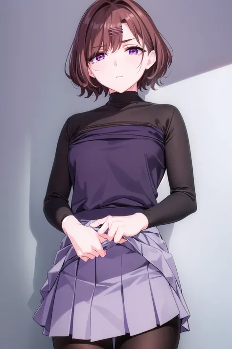 Hinokiguchi Madoka, Higuchi Zodo, brown hair, Eyebrows covered by hair, Gray background, Hair accessories, Hairpin, mole, mole under eye, (Purple Eyes:1.1), short hair, curls,
rest black Pantyhose, black shirt, Pantyhose, lattice, lattice skirt, pleated sk...