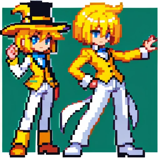 pixel art, full body, facing left (important), alone, standing upright, small yellow top hat, long sleeve tuxedo, boots. hair co...