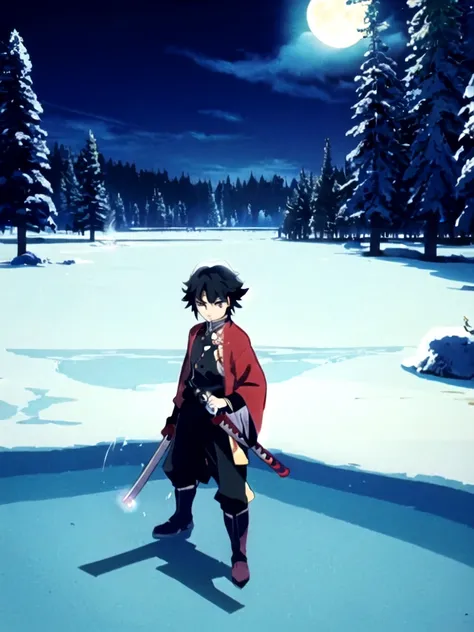 tomioka giyuu, katana stance, in midle of a frozen lake, detailed face, serious, air flow, scenery, forest in far distance, full body, full moon, male focus, absolutely calm