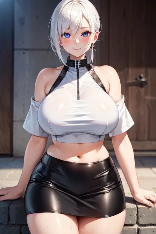 (High quality, High resolution, Fine details), BREAK (white crop top, black leather short skirt), solo, curvy women, BREAK white hair, sparkling eyes, (Detailed eyes:1.2), smile, blush, Sweat, Oily skin, shallow depth of field, full body, seductive, spicy,