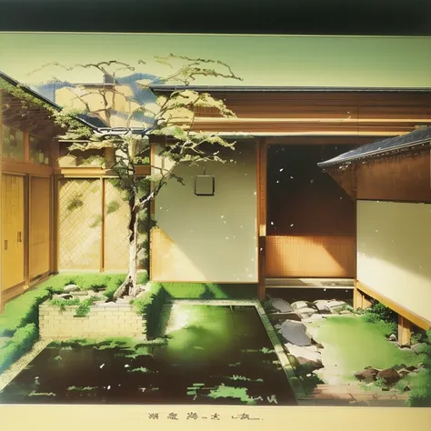 Painting of a courtyard with trees and benches, Japanese Villa by Syd Mead, by Ayako Rokkaku, Architectural Illustration, by Nagasawa Rosetsu, Written by Fujiwara Nobumi, by Unichi Hiratsuka, architectural drawing, by Naomichi Nakamura, Hans Fischer, by Hi...