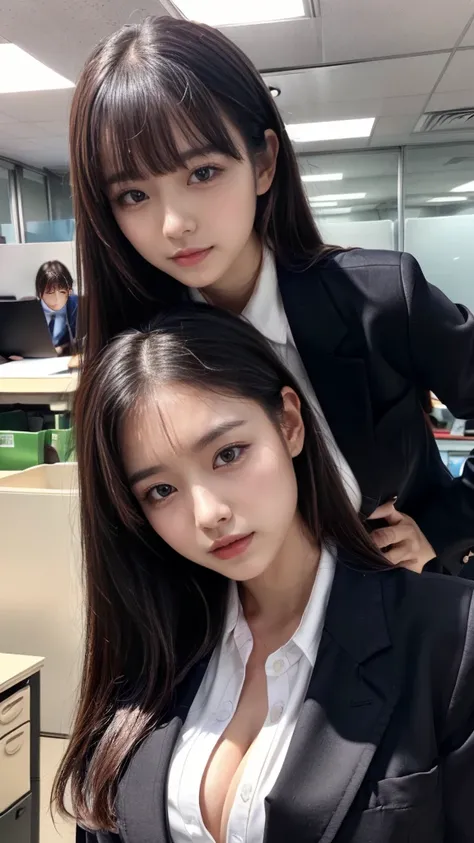 ((top-quality、8K、​masterpiece:1.3))、1girl in、Beautiful woman Standing in the house:1.3、long-haired、Colossal tits、(Office Lady, ,Suit, Black Suit,Black jacket, white shirt:1.5)、Super delicate face、Delicat eyes、double eyelid、Close-up of upper body from below