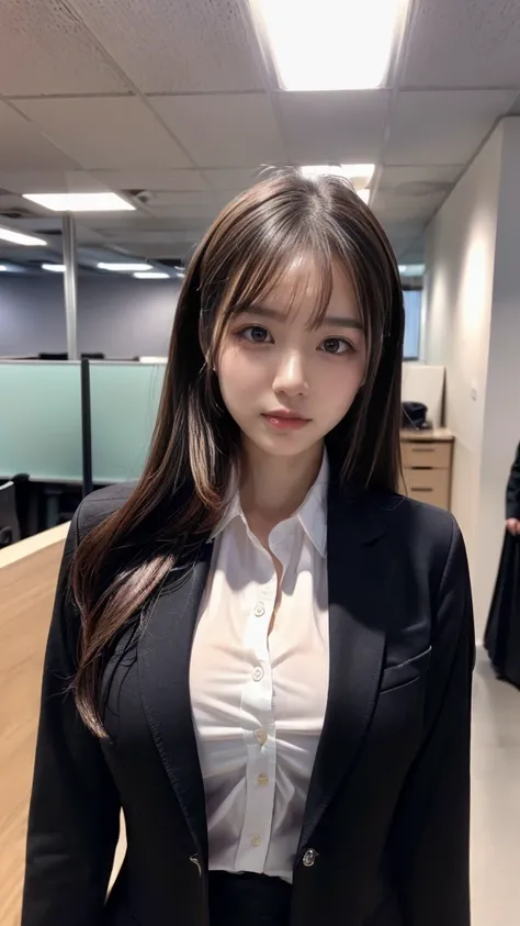 ((top-quality、8K、​masterpiece:1.3))、1girl in、Beautiful woman Standing in the house:1.3、long-haired、Colossal tits、(Office Lady, ,Suit, Black Suit,Black jacket, white shirt:1.5)、Super delicate face、Delicat eyes、double eyelid、Close-up of upper body from below